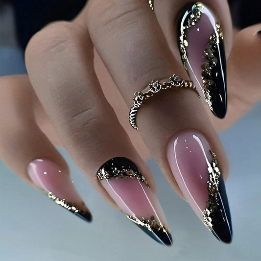 New FashionTeardrop Gold Foil French Almond Nail Tips