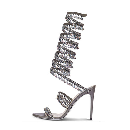 Gemstone-Adorned Wrap Around Ankle Strap Stiletto Sandals-Homeunderwear