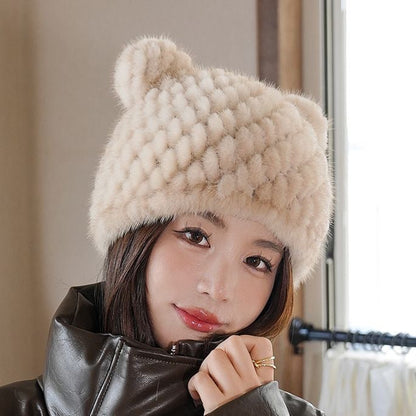 Winter Mink Fur Beanie with Cat Ears - Cozy & Cute