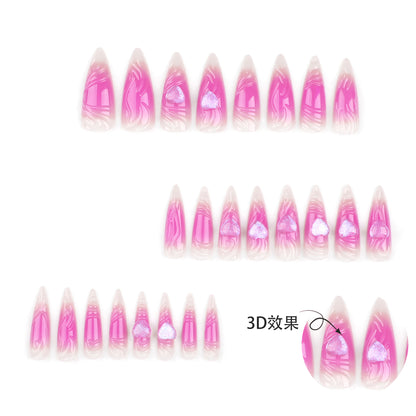 Pink 3D Heart Nail Art, Long Pointed Tips