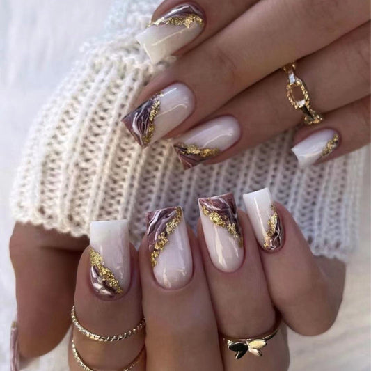 Ivory Square Nails with Gold Foil Marble Effect