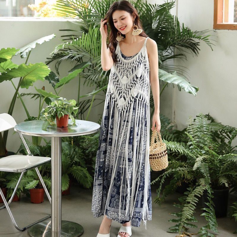 Ethnic Knitted Halter Hollow Out Cover-Up Dress