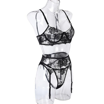 Sexy See-through Embroidered Underwired Underwear Three-piece Set(S~3XL)