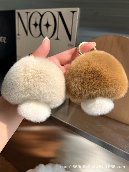 Cute Real Rabbit Fur Mushroom Keychain - Trendy Car Accessory