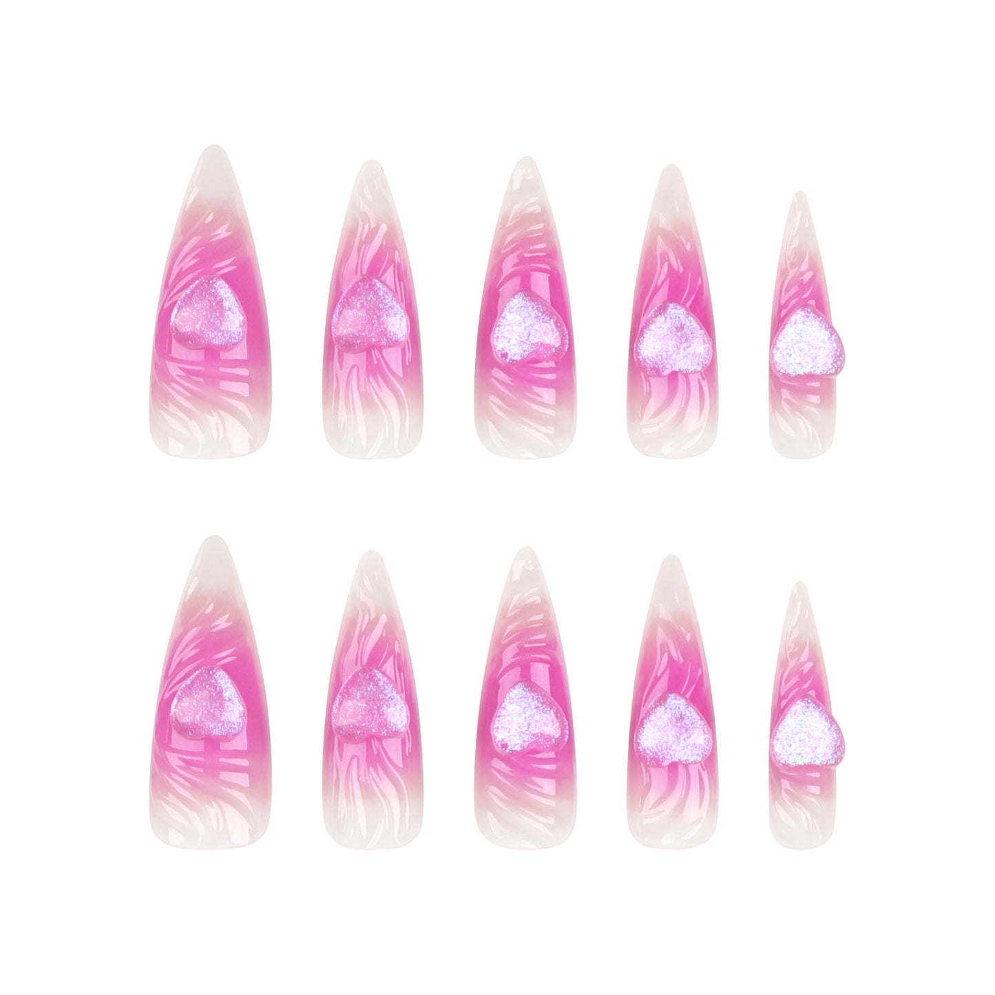 Pink 3D Heart Nail Art, Long Pointed Tips