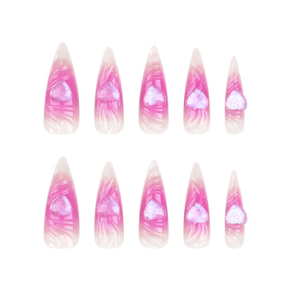 Pink 3D Heart Nail Art, Long Pointed Tips