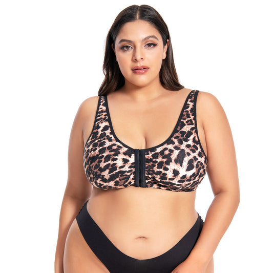 Plus Size Front Button Leopard Print Bra