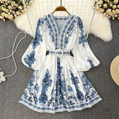 Women's Fashion V-Neck Long Sleeve Floral Print Maxi Dress