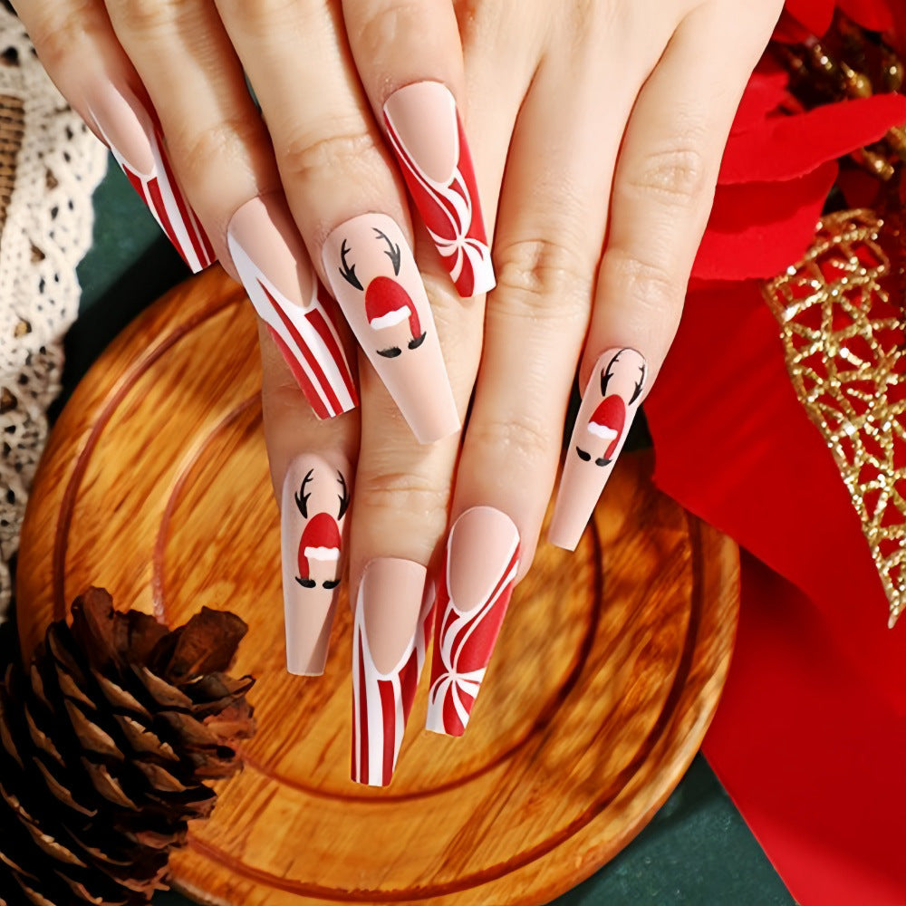 Christmas Red Reindeer Antler Santa Hat Press-On Nails