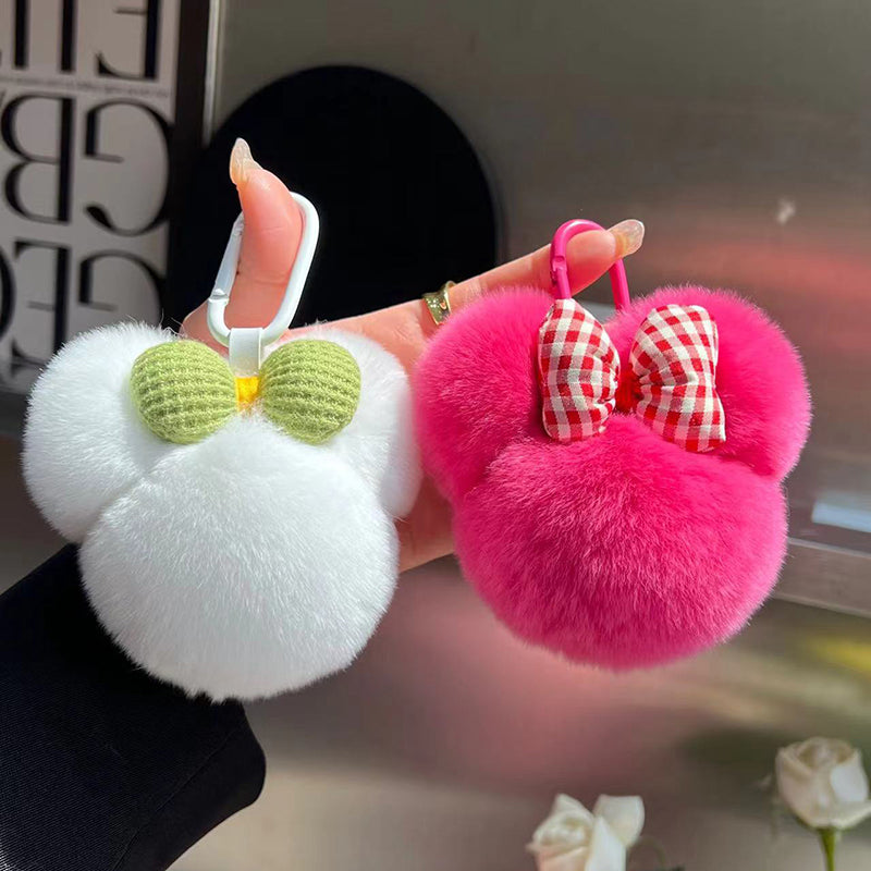 Cute Real Rabbit Fur Mickey Head Keychain with Bow