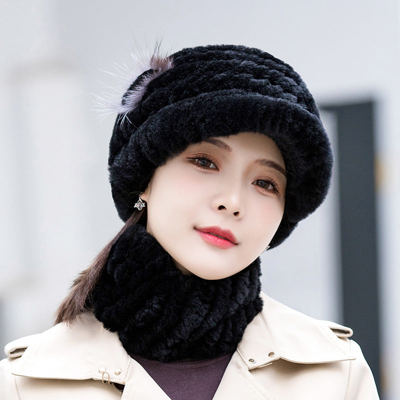 Winter Real Rabbit Fur Cap & Scarf Set - Mom Hat