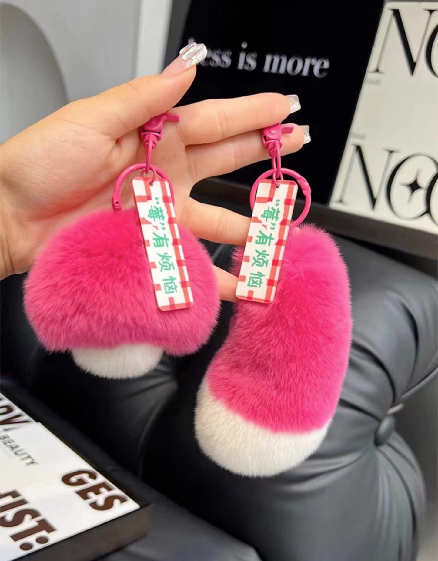 Cute Real Rabbit Fur Charm with Watermelon & Mushroom Design