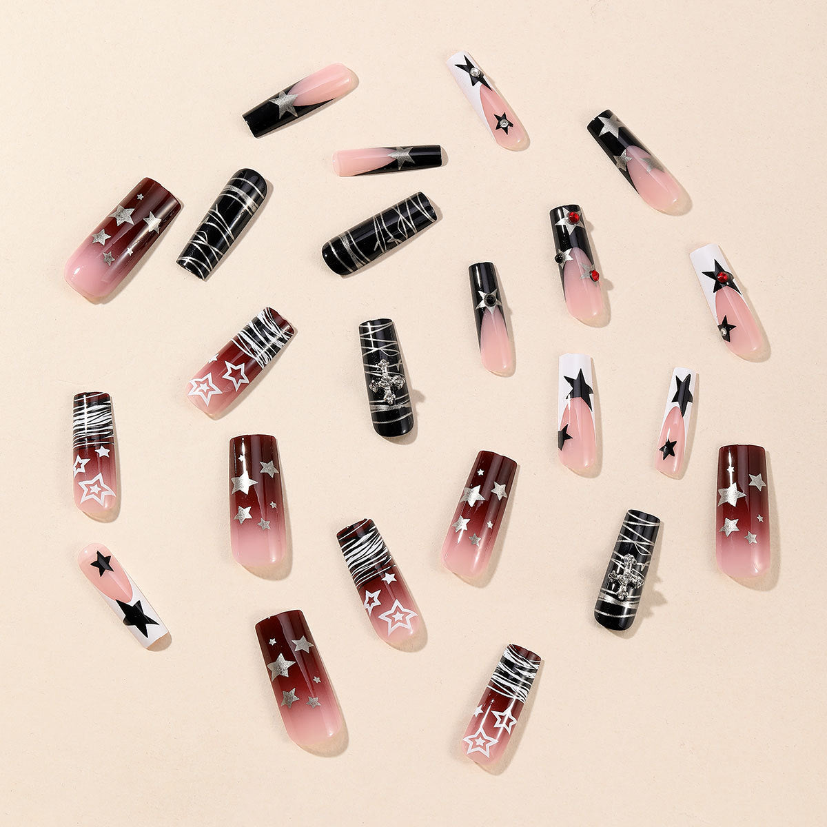 European Long Coffin Irregular Line French Gradient Star Fake Nails