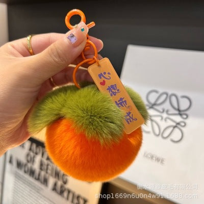 Lucky Persimmon Keychain - 7cm Real Rex Rabbit Fur