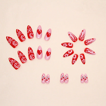 Red Almond Heart Fall Nails, 24-Piece Ins-Style Set