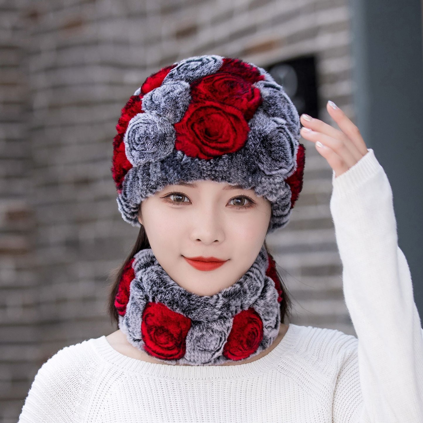 Warm Real Rabbit Fur Ear Flap Hat & Scarf Set