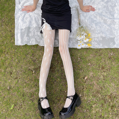 Ins Japanese AB Diamond Striped Love Jacquard Hollow Mesh Socks Pantyhose