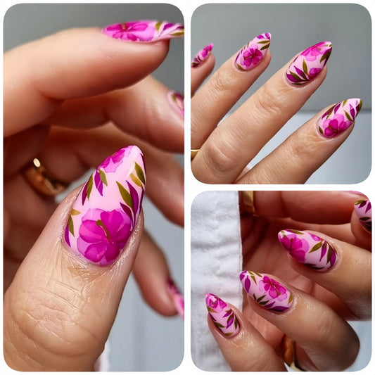 Spring Blossom Red Flower Green Leaf Long Almond Press-On Nails