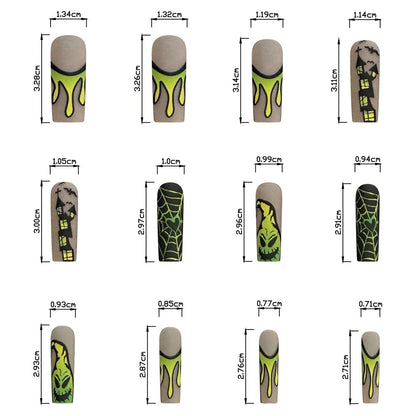 Halloween Brown Matte Nail Tips with Yellow Green Gradient Spooky Design