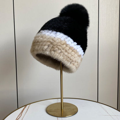 Women's Striped Fur Blend Hat with Real Rabbit Fur Pom Pom