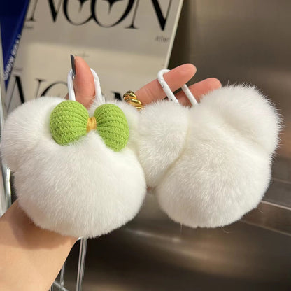 Cute Real Rabbit Fur Mickey Head Keychain with Bow