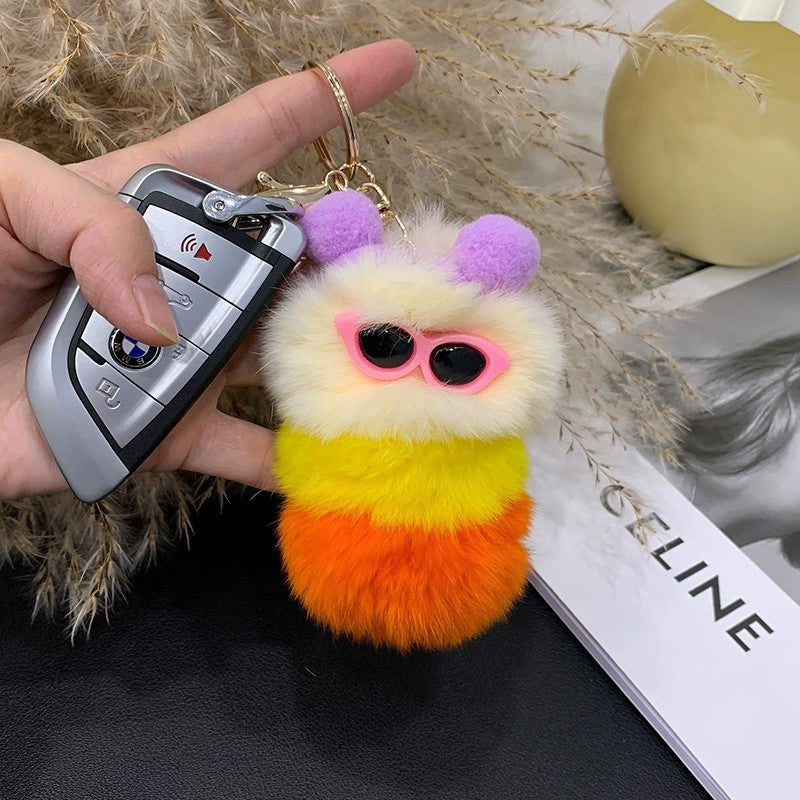 Cute Real Rabbit Fur Caterpillar Bag Charm - Keychain Accessory