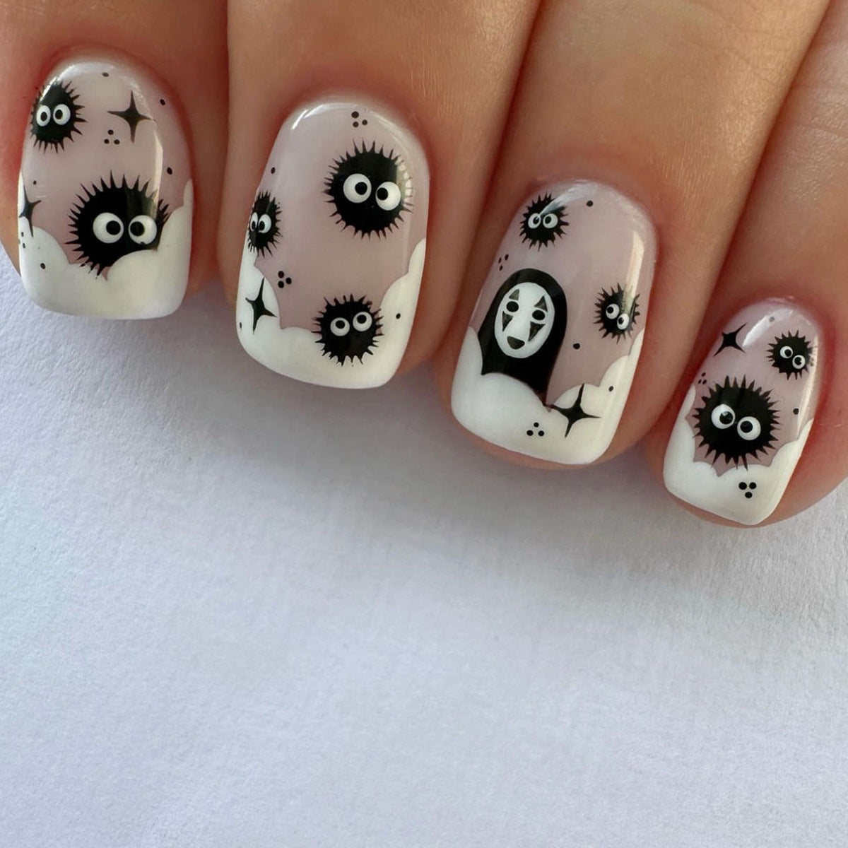 New Halloween Short Square No-Face Coal Black Wave French Nail Tips