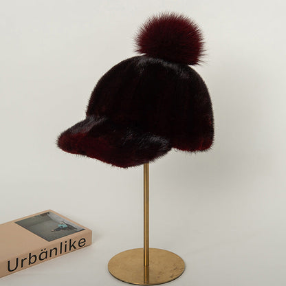 Warm Mink Fur Baseball Cap with Fox Pom Pom - Winter Fashion