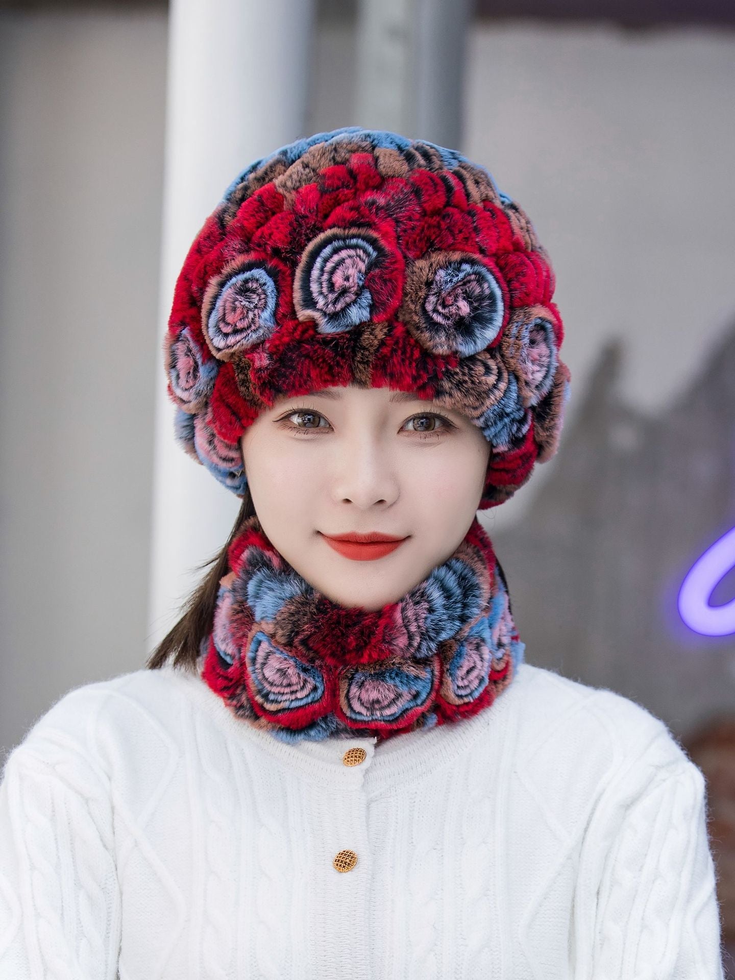 Warm Real Rabbit Fur Ear Flap Hat & Scarf Set