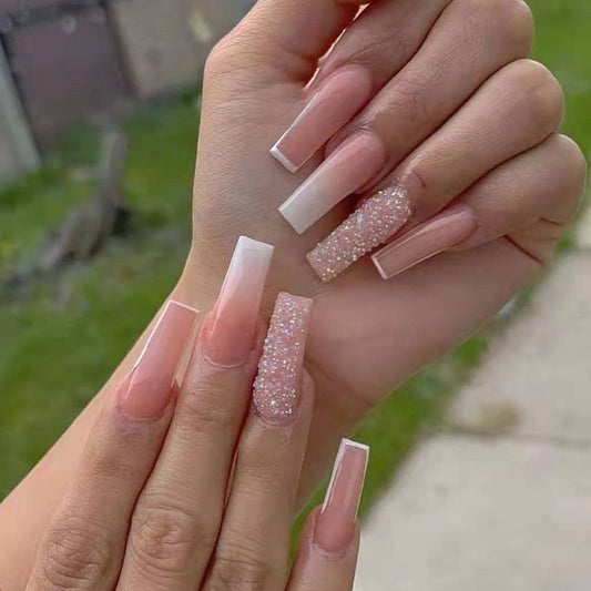 Ballet-Inspired Long Pink Diamond Accent Press-On Nails