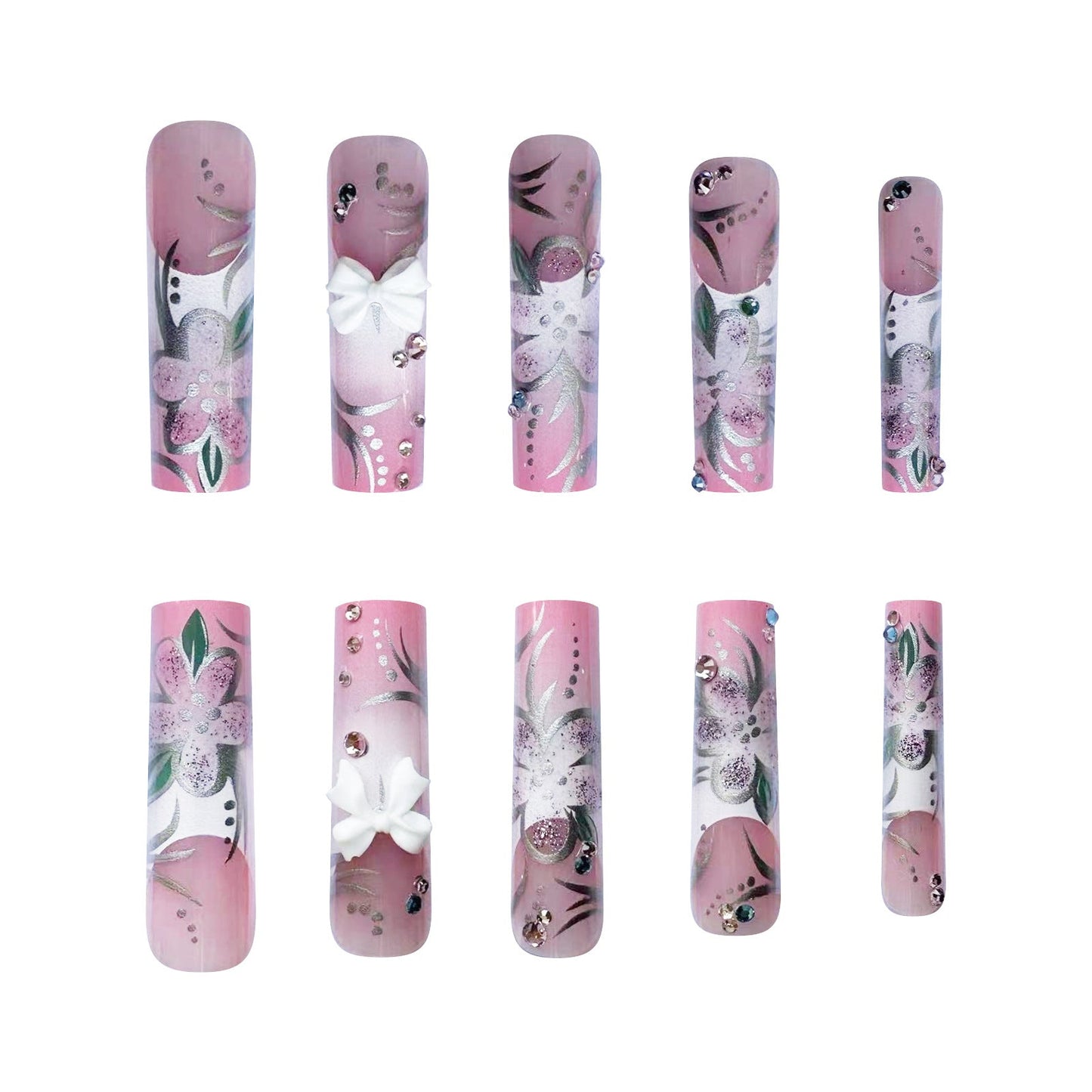 Pink Transparent Extra Long Nail Tips with Bow and Rhinestones