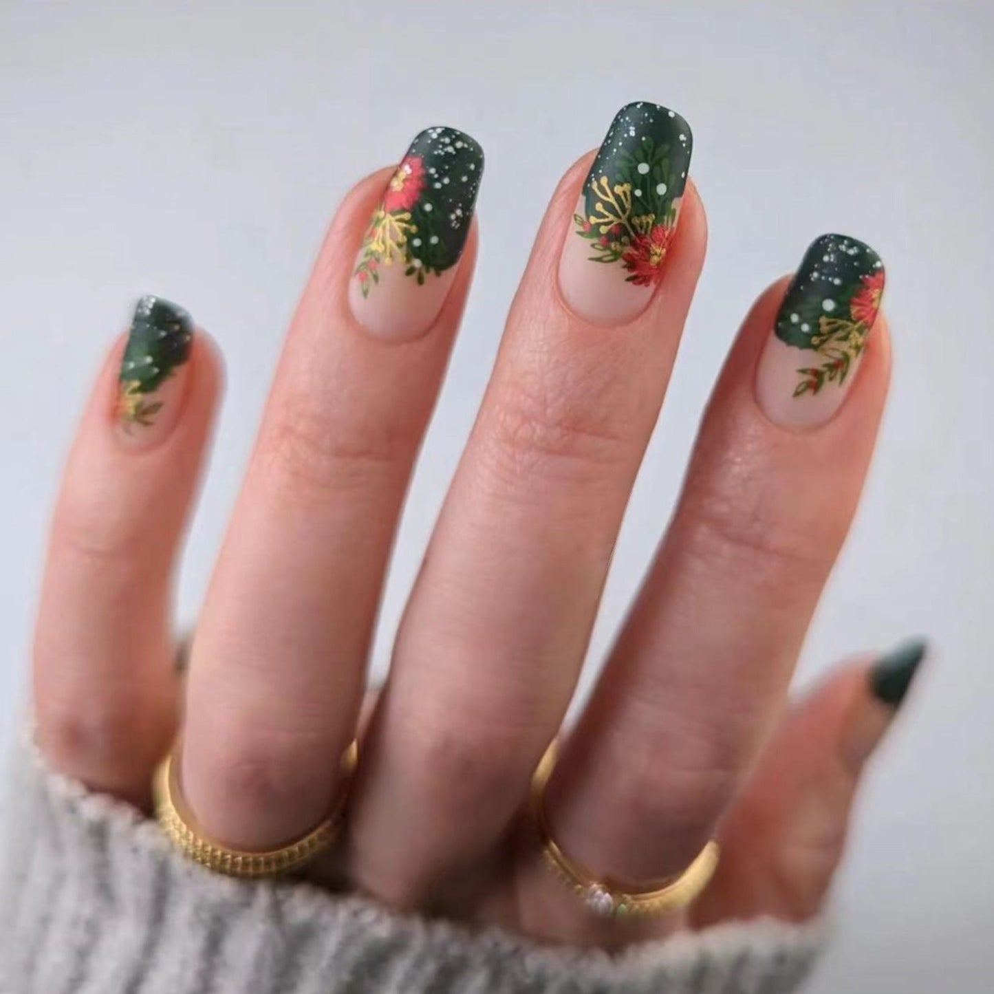 Christmas Khaki Matte Short Square Nails with Snowflakes and Flowers