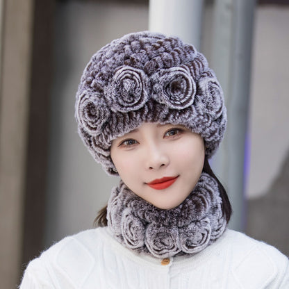 Warm Real Rabbit Fur Ear Flap Hat & Scarf Set