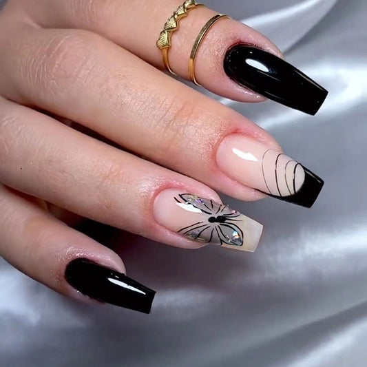 Mid-Length Solid Black Butterfly Nails, Striped and Glitter French