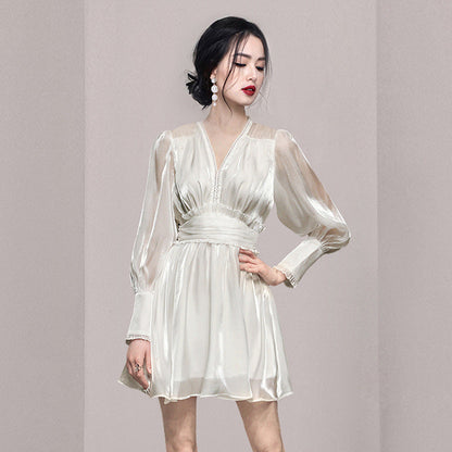 Elegant High-Waisted Long Sleeve A-line Dress