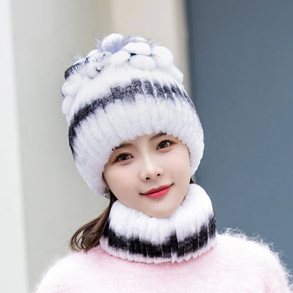 Warm Real Rabbit Fur Ear Flap Hat & Scarf Set