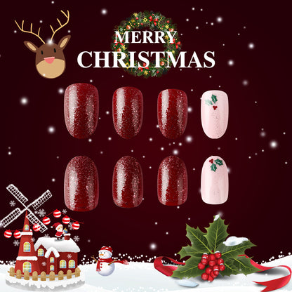 New FashionShort Shiny Oval Christmas Nails - Glitter, Leaves, Berries-homeunderwear