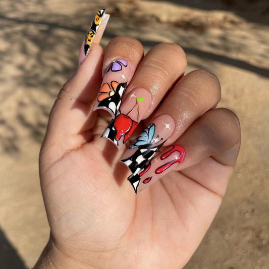 Long Tubular Halloween Nails with Checkerboard Blood Cherry Design