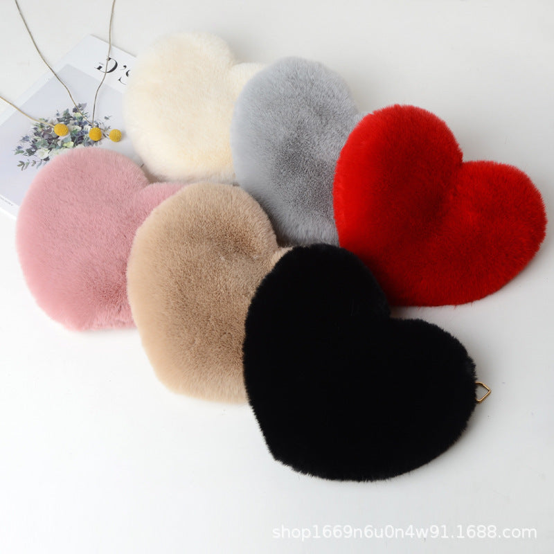 Fashionable Faux Fur Heart-Shaped Bag - Chain Crossbody Purse