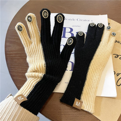 Rhinestone Finger Wool Gloves