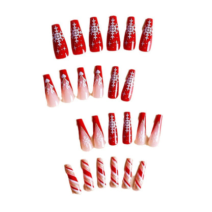 Christmas Snowflake Red Striped Long Nail Tips