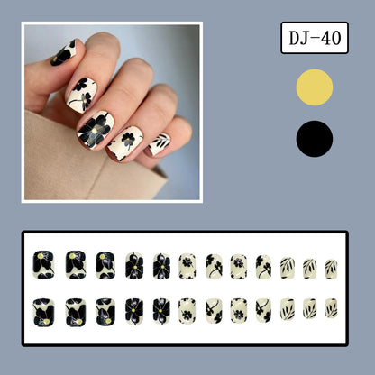 Vintage Natural Short Square Nails with Black Ruffle Design