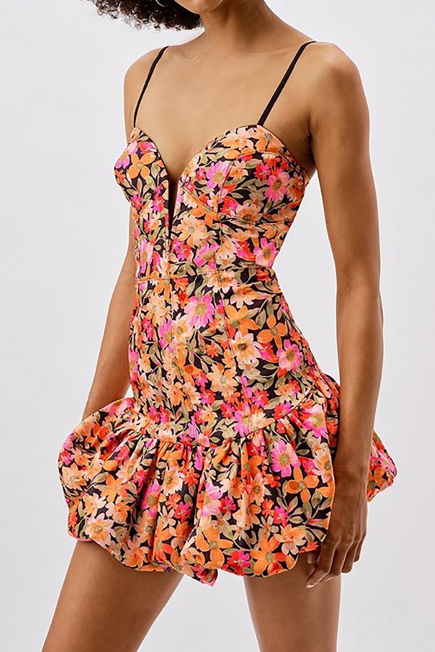 Free Shipping For Florals Print V-neck Puffy Ruffle Mini Dress