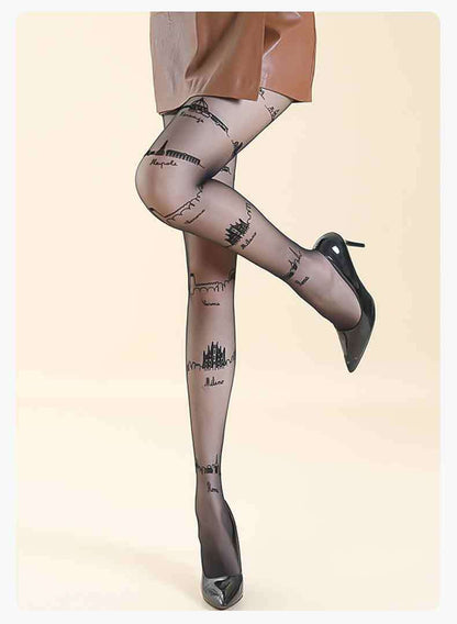 Sexy Trend City Castle Printed Ultra-thin Pantyhose