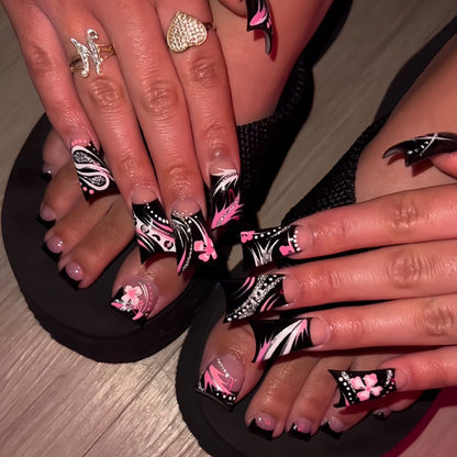 Unique Black Duckbill Nails with Pink Flowers and Dots