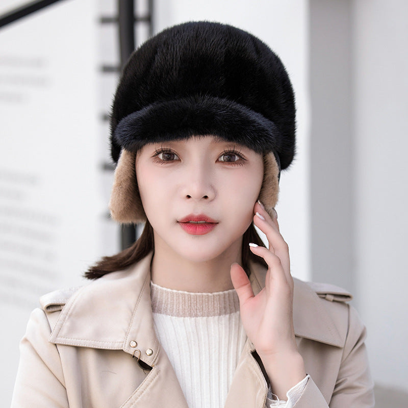 Warm Mink Fur Ear Flap Baseball Cap - Stylish Winter Accessory