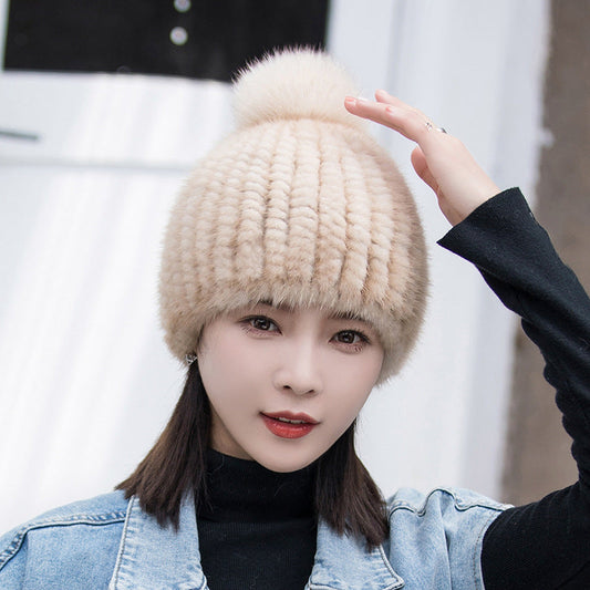 Winter Mink Fur Hat with Fox Pom Pom - Stylish & Warm