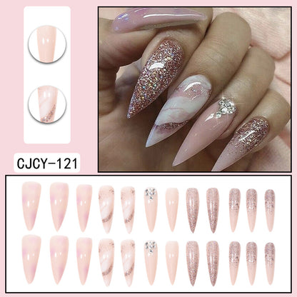 Long Marble Gradient Nail Tips with Glitter and Rhinestones