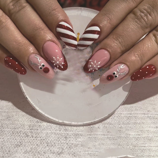 Winter Christmas Short Red Glitter French Oval Reindeer Snowflake Striped Nails