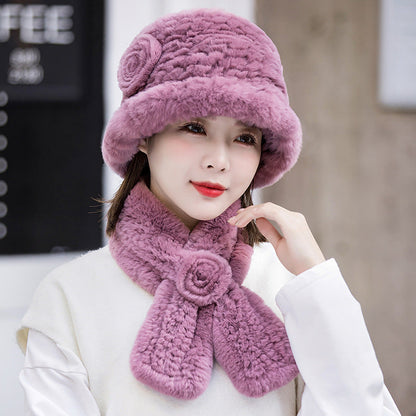 Warm Real Rabbit Fur Hat & Scarf Set - Ear Flap Design